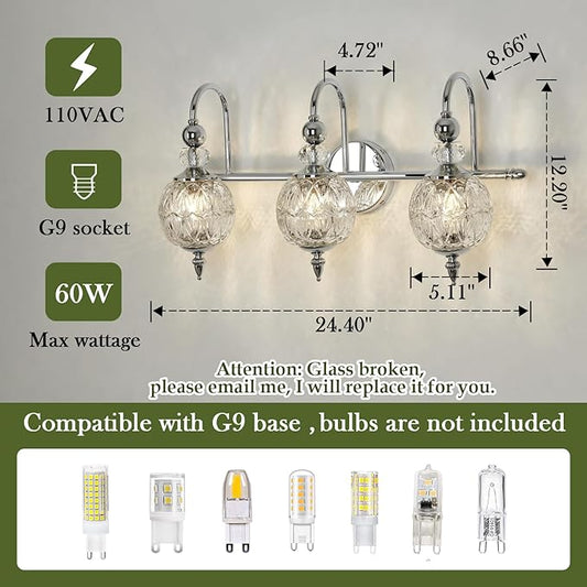 Modern Bathroom Light Fixtures Polished Chrome Vanity Light with Glass Globe LampShade 3 Lights Mid Century G9 Bulb Wall Sconce Indoor Vanity Light Over Mirror for Bedroom Kitchen Hallway