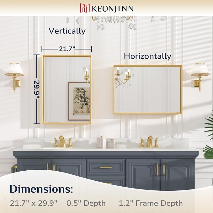 Keonjinn 22x30 Inch Gold Bathroom Mirror for Over Sink, Rectangular | HD Tempered Glass, Vanity Mirror, Brushed Framed, Square Corner, Modern Farmhouse, Wall Mounted Mirrors, Aluminum Alloy