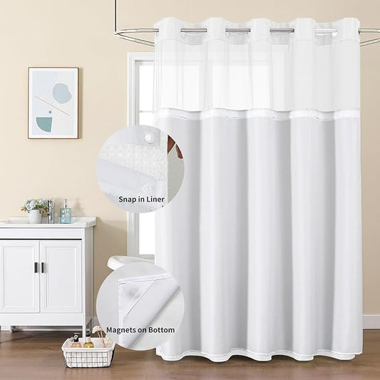 Colorful Star White No Hook Waffle Shower Curtain with Liner, 36 x 75 Inch | Snap-In Fabric Liner, Mesh Top Window, Heavy-Duty Waffle Fabric, Waterproof Hotel Style Shower Curtain for Bathroom