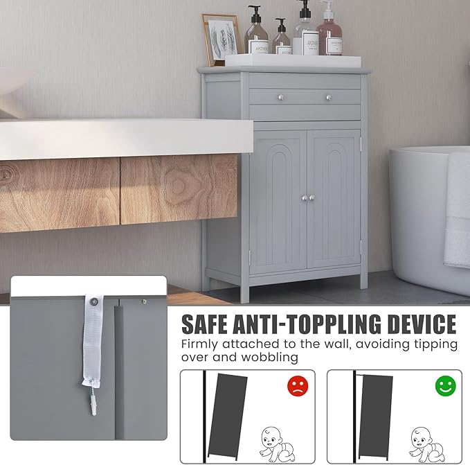 COSTWAY Bathroom Floor Cabinet, Wooden Side Storage Organizer w/Larger Drawer, Adjustable Shelf & 2-Door Cupboard, Freestanding Storage Cabinet for Living Room, Kitchen, Entryway (Grey) | Larger Drawer, Adjustable Shelf & 2-Door Cupboard, Freestanding ...