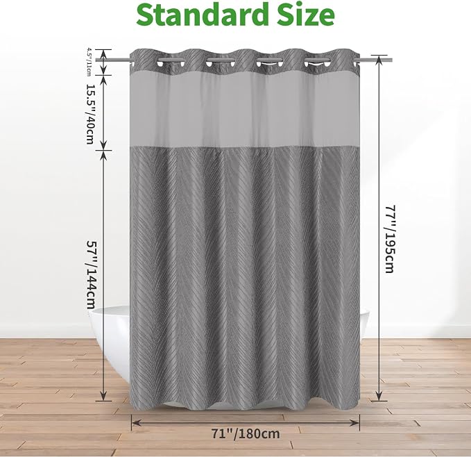 eachope no Hook Shower Curtain and Liner Set,Boho Style with See Through Top Window, Grey Fabric Tufted Striped Textured Outer Curtain & Waterproof Inner Liner, Grey/Gray, 71Wx77H