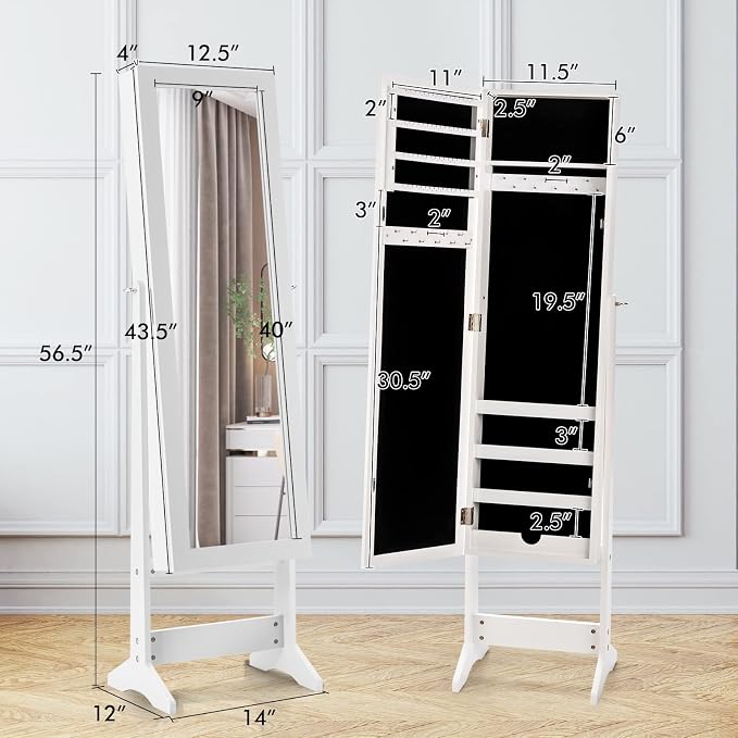 MAT EXPERT Jewelry Armoire Cabinet w/Full-Length Mirror, Jewelry Organizer Standing Mirror w/ 4 Shelves, 3 Adjustable Tilt Angles, Anti-toppling Device, Jewelry Cabinet for Bedroom, Living Room, White