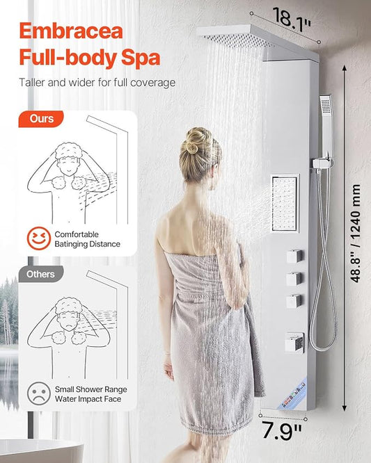 VEVOR Shower Panel Tower System with Rainfall Shower Head, 53 in Brushed Stainless Steel Shower Column, 3-Function Faucet, High Pressure Wall-Mount Rain Massage System, with Large Body Jet, Handheld