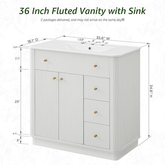 T4TREAM 36 Inch Bathroom Vanity with Sink, Modern Fluted Single Bathroom Vanity with Sink with Storage Cabinet, Adjustable Shelf and 3 Small Drawers, Solid White