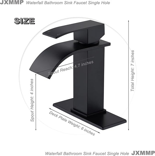 Black Waterfall Bathroom Faucet Single Hole, Bathroom Sink Faucet with Pop Up Drainer Assembly and Deck Plate for 3 Hole Installation JXM122BK