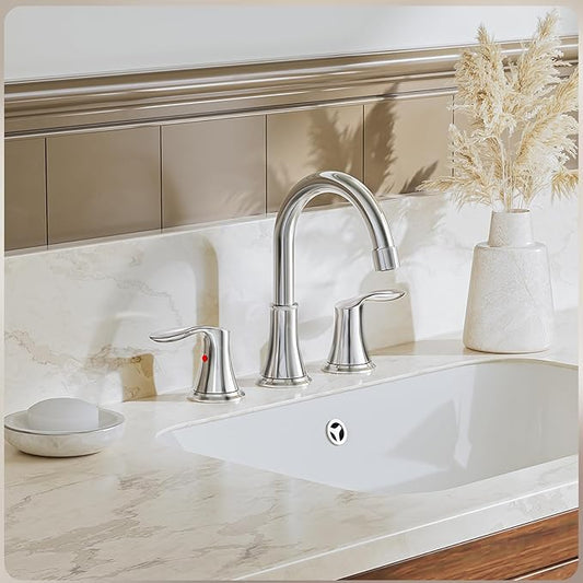 Phiestina Widespread 8 Inch 3 Holes Bathroom Faucet,2 Handles Chrome Modern Bathroom Sink Faucet with Metal Pop-Up Drain & Water Supply Lines, WFTY36-C