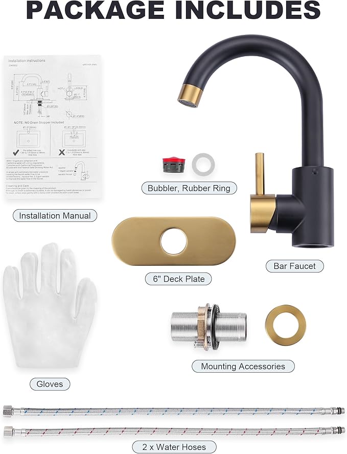 Modern Bar Sink Faucet: Single-Handle Black and Gold Bathroom Kitchen Sink Faucet, 1 Hole Wet Bar Sink Faucets with 360°Swivel Spout for bar RV Laundry Farmhouse