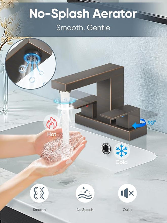 Cobbe Bathroom Faucets for Sink 3 Hole, Oil Rubbed Bronze Bathroom Sink Faucet Square 4 Inch Centerset with Pop-Up Drain, 2 Handle and 2 Supply Hoses, Lead-Free Stainless Steel for Vanity Rv