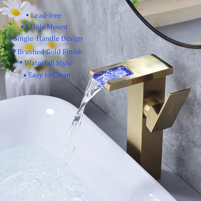 LED Waterfall Bathroom Sink Faucet, 3 Colors Spout Faucet with Water Supply Hose, Single Handle Single Hole Slanted Body Brass Mixer Vanity Sink Tap Brushed Gold