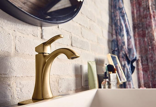 Moen Voss Brushed Gold One-Handle High-Arc Bathroom Faucet with Drain Assembly for Single-Hole Sink, 6903BG