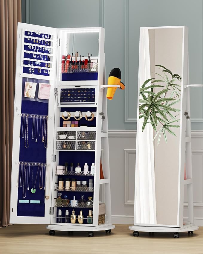 Full Length Mirror With Jewelry Storage, 360 Rotating Armoire Organizer With Lights, Lockable Cabinet Standing, Christmas Gifts (White)