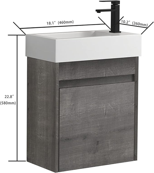 18" Floating Wall-Mount Bathroom Vanity with Ceramic Sink - Space-Saving Design, Soft-Close Doors & Waterproof Storage Cabinet for Small Bathrooms