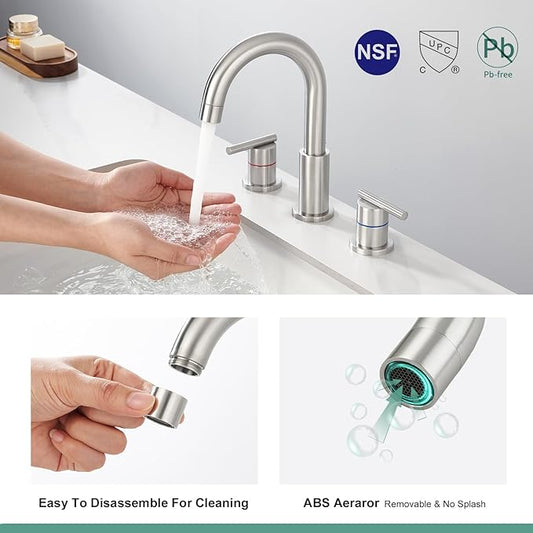 Faustina 3 Hole Bathroom Faucet, Brushed Bathroom Faucets for Sink 3 Hole/Double-Handle/8-Inch Widespread Bathroom Faucet, Stainless Steel Bathroom Vanity Faucet(Pop Up Drain/Supply Line), Brushed