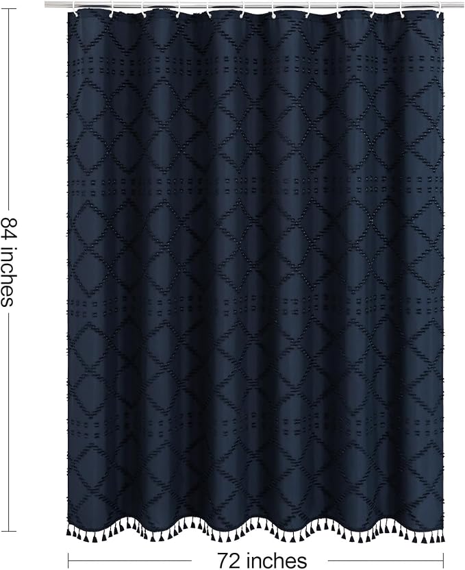 Navy Boho Woven Fabric Shower Curtain with Tassel 72 x 84, Tufted Textured | Modern Farmhouse Curtain for Bathroom, Extra Long Bathroom Curtain, Minimalist Decor, Waterproof
