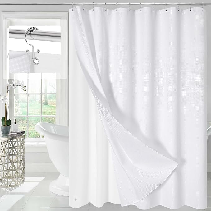 3 in 1 White Shower Curtain with PEVA Liner, 12 Hooks, 72x72 | Luxury Weighted Fabric Shower Curtain Set, 12 Stainless Steel Double-Sided Hooks, Water Repellent, Bathroom Decor