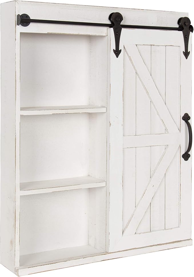 Kate and Laurel Cates Decorative Wood Wall Storage Cabinet with Rectangle Mirror and Sliding Barn Door, 22 x 28, Rustic White, Farmhouse Decor for Wall Storage