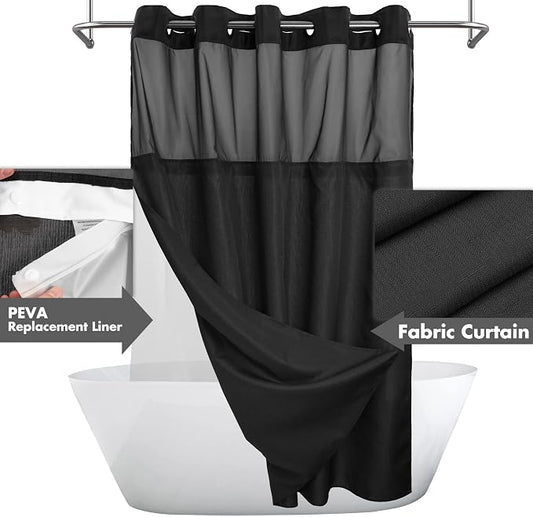 River Dream No Hook Shower Curtain with Snap-in Liner Set, Black, 71x74 | Snap on/off Waterproof PEVA Liner, See Through Top Window, Slub Textured, Hotel Style Shower Curtain Set, Standard Size
