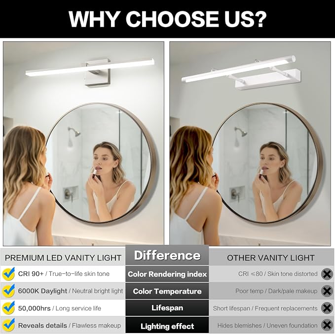 24 Inch Vanity Lights for Bathroom Brushed Nickel Over Cabinet Arm Wide LED Bar 18W 1440lm 6000K