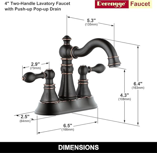 Two Handle Oil Rubbed Bronze Bathroom Sink Faucet 3 Hole with Pop up Drain Assembly, Classic 4 Inch Centerset Bathroom Lavatory Faucet with 360° Swivel Spout,EW-516-NB