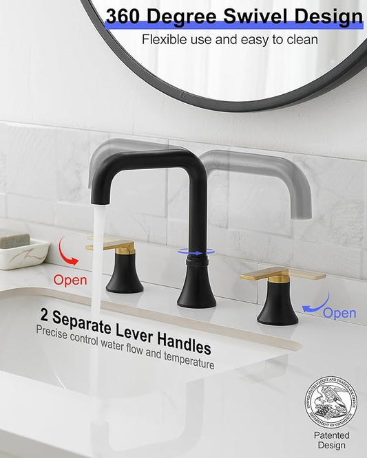 8 Inch Black and Gold Bathroom Faucet Widespread, 360 Degree Swivel Faucet for Bathroom Sink 3 Hole with 2 Handles, Pop-Up Drain & Water Hoses Saving Water