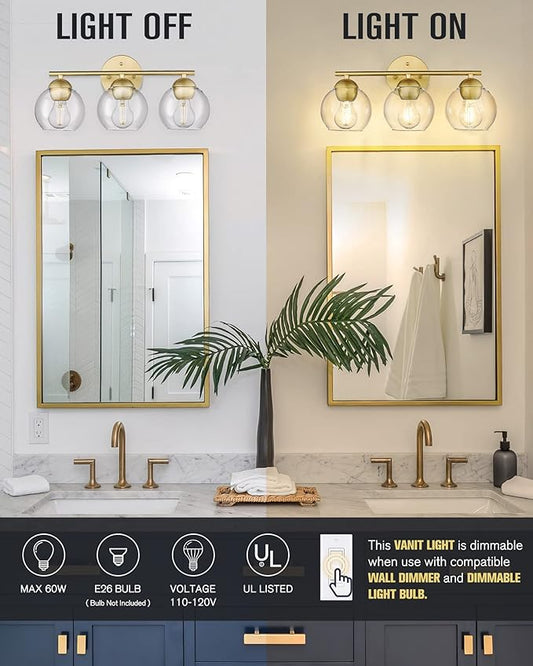 Emak 3-Light Gold Bathroom Light Fixtures Over Mirror, Globe Clear Glass Bathroom Vanity Lights, VL114-GDL-3