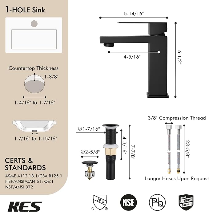 KES Black Bathroom Faucet & Bathroom Sink Drain Without Overflow, Single Handle Type Faucet with Pop Up Drain Stopper Stainless Steel Matte Black, L3156ALFF12-BK-C1