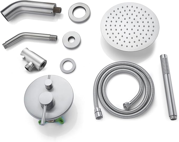 SUMERAIN Brushed Nickel Shower System with Waterfall Tub Spout | 8" Stainless Steel Rain Shower, Brass Handheld Shower, Brass Rough in Valve, Concealed Box Design