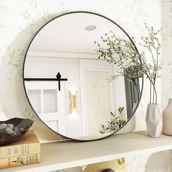 Black Round Bathroom Mirror 30", Thin Metal Frame Wall Mirror | Circle Vanity Mirror for Over Sink, Hanging or Leaning Decor for Hallway, Entryway, Fireplace Mantel, Living Room