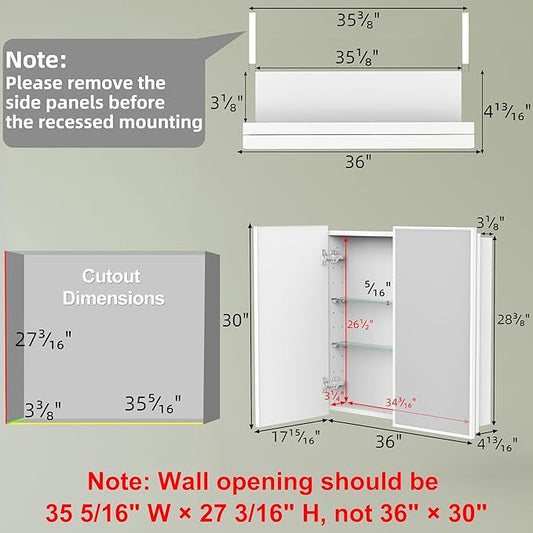 Buruis 36" x 30" Framed Medicine Cabinet with Mirror, Recessed or Wall Mounted Bathroom Cabinet, Adjustable Tempered Glass Shelves, Left/Right Open Reversible, No Assembly Required, White