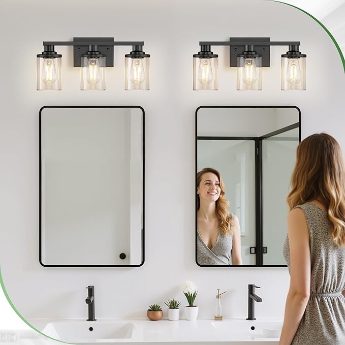 DORESshop 17 Inch Bathroom Light Fixtures, 3-Light Black Bathroom Lighting Fixtures Over Mirror with Glass Shade, Modern Vanity Lights for Hallway Bedroom, Includes Bulbs