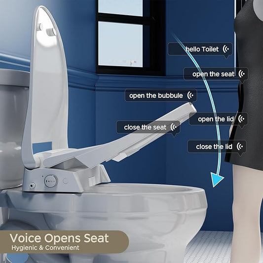 Electric Toilet Seat Elongated with Voice Control, Heated Toilet Seat with Warm Water & Dryer, Radar Sensor Auto Open/Close, LED Temp Display, Electric Bidet Toilet Seat for Bathroom