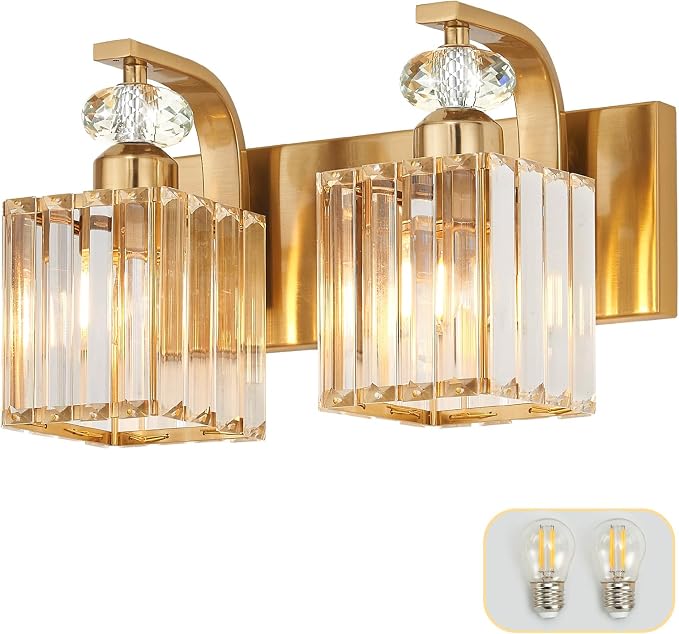 2-Light Bathroom Vanity Light Fixtures Over Mirror, Crystal Sconce | 12.6-inch Gold Modern Wall Light for Bedroom Vanity Living Room Hallway, Ceramic E26 Lamp sockets, Includes 2 LED Bulbs