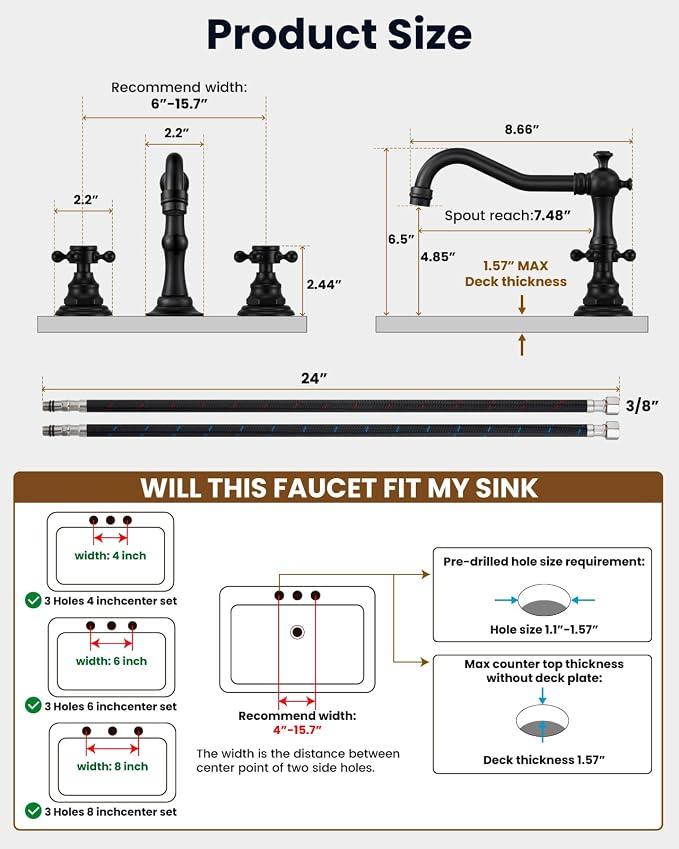gotonovo 3 Hole 8’’ Widespread Bathroom Sink Faucet Matte Black | Vintage Bathroom Faucet,2 Cross Handle,6-16’’ Sink,Vanity,Basin,RV,Farmhouse,SUS304,24’’ cUPC Hose Pop Up Drain,Deck Mount