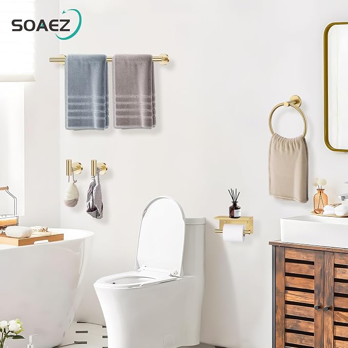 Brushed Gold Bathroom Hardware Set, 5 Pieces Gold Towel Bar Bathroom Accessories, Upgraded Toilet Paper Holder with Shelf Set, 23.6 Inch Towel Rack Towel Holder for Bathroom Wall