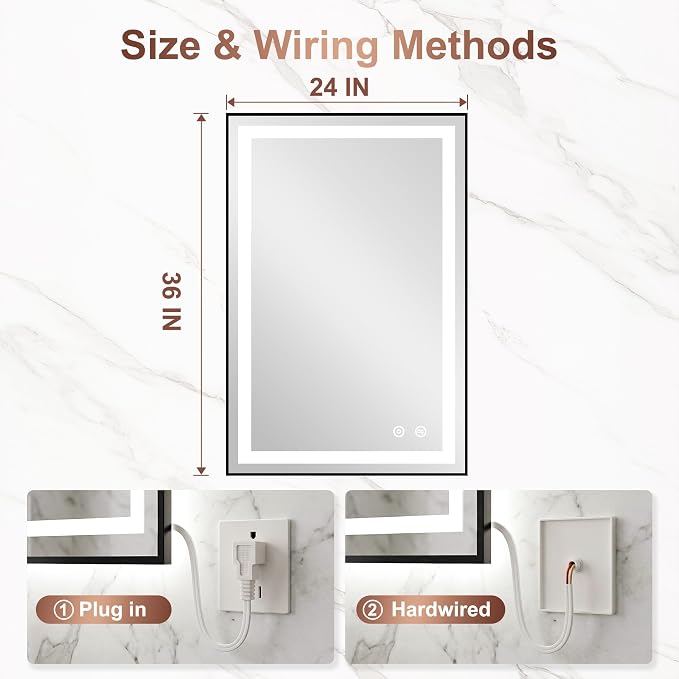LED Bathroom Mirror with Lights, 24"x36" Black Framed Lighted Vanity Mirror | Anti-Fog, Dimmable 3 Color Temperature, Front & Backlit, Memory Function, Shatterproof Tempered Glass