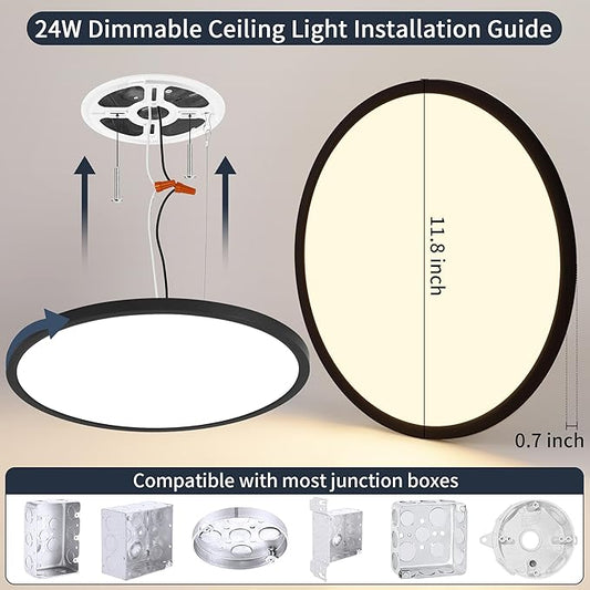 12 Inch Flush Mount Ceiling Light, 24W Dimmable LED Fixture 2400LM, 3000K/4500K/6000K Adjustable, Ultra Thin Round Ceiling Lamp for Bedroom, Kitchen, Living Room, Dining Room, Bathroom, Black