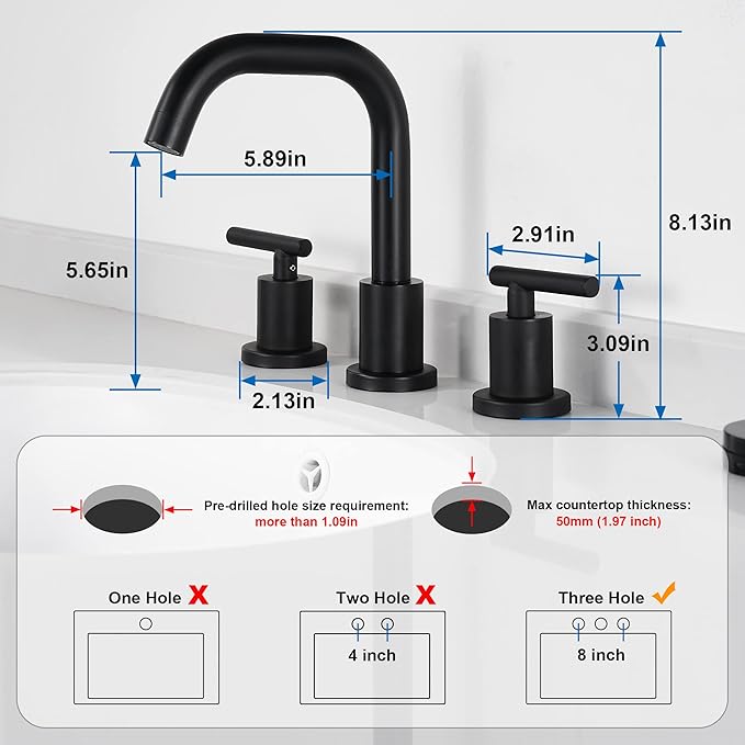 Black Bathroom Faucet 3 Holes - Two Handles Widespread 8 inch Bathroom Sink Faucet 3 Pieces Basin Faucets 360 Degree Swivel Spout Vanity Sink Faucet with Drain & Supply Hoses