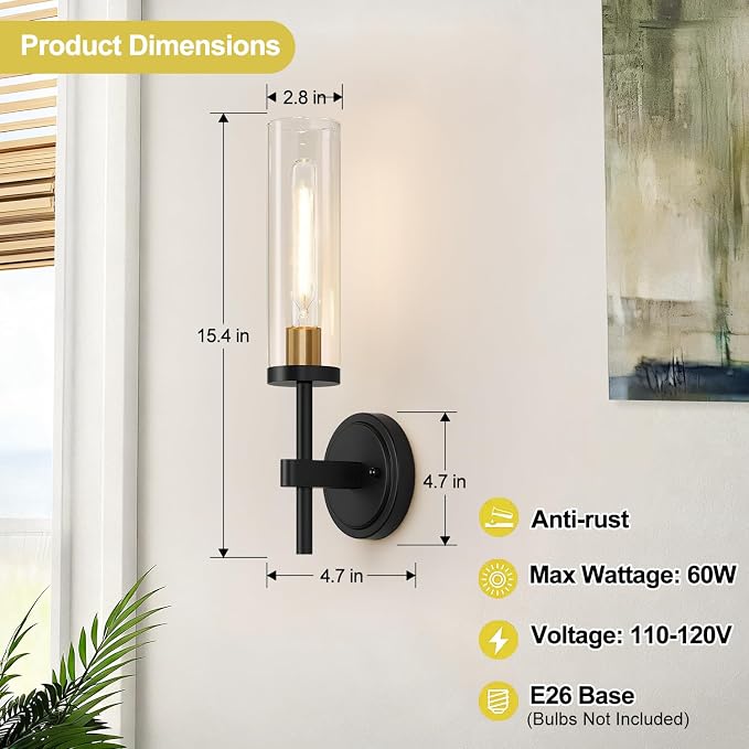 Hardwired Wall Sconces Set of Two, Black and Gold Bathroom Sconces with Clear Glass, Modern Wall Light Fixtures for Bathroom Mirror Vanity, Living Room, Bedroom, Hallway, Stairway, Cabinet, Foyer