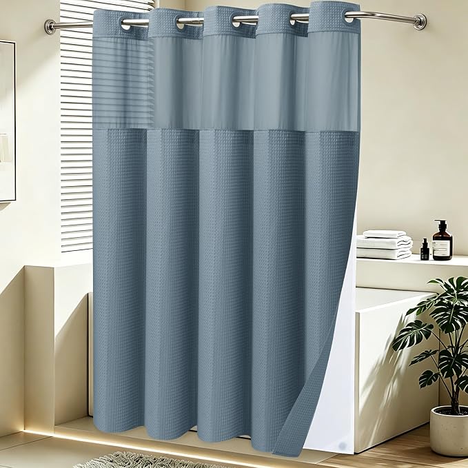 SORTTO No Hook Shower Curtain with Snap in Liner Set Waffle Shower Curtain for Bathroom Hotel Style Fabric Waterproof Inner Liner,71" W x 74" H, Stone Blue