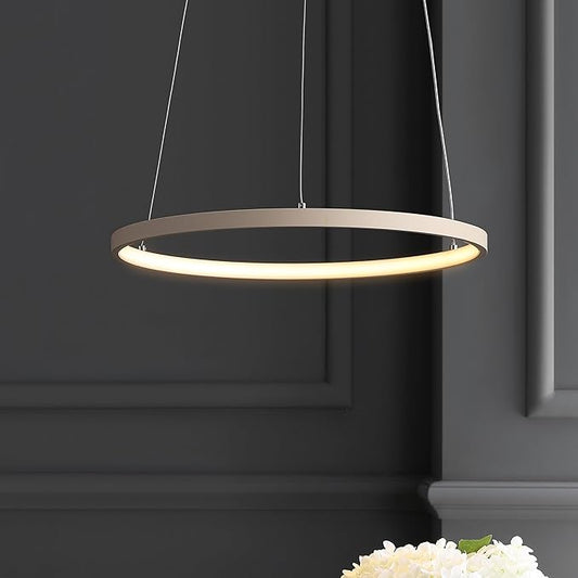 JONATHAN Y 15.75" Beige Modern Integrated LED Pendant Light, Dimmable Round Hoop Chandelier for Kitchen Island, Dining Room, Adjustable Height Metal Hanging Light (JYL7202H)