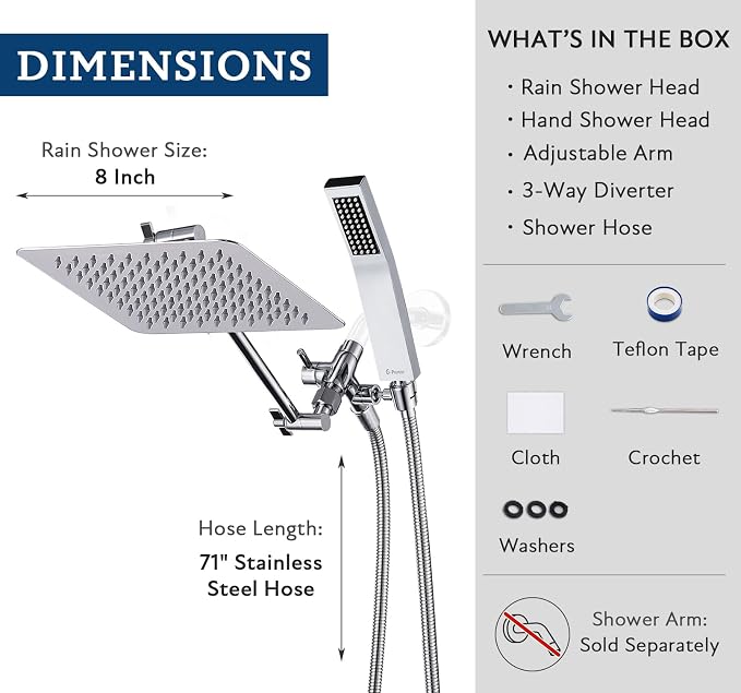 G-Promise All Metal 8" Rain Shower Head with Handheld for Bathroom Upgrade | All Metal, Built to Last, Easy Install, Adjustable Height & Angle for All Heights, Extra Long Hose, Modern Upgrade