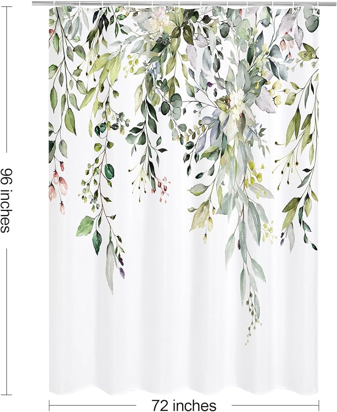 Sage Green Eucalyptus Shower Curtain, Floral Print, 72x96 | Watercolor Plant Leaves Floral Print, Waterproof Fabric Bathroom Decor, Machine Washable, Rustproof Grommets