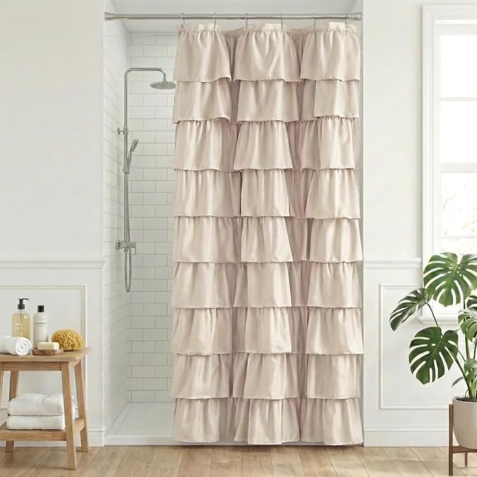 Seasonwood Small Beige Ruffle Shower Curtain Natural Farmhouse, 36"x72" | Cascading full-length fabric tiers, soft dimensional texture, vintage shabby chic styling for decorative bathroom updates