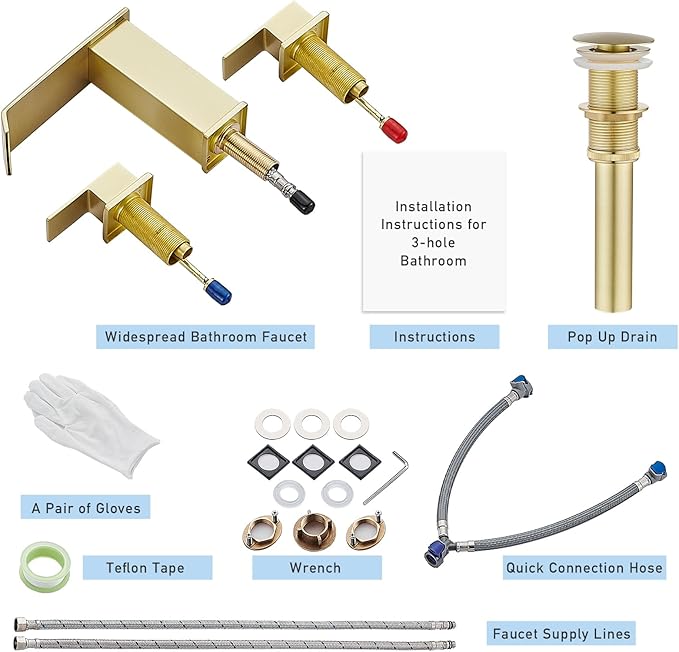 Waterfall Bathroom Faucet 3 Hole, Brushed Gold 8 Inch Widespread Modern 3 Piece Bathroom Sink Faucets & Parts, Touch On Lavatory Faucet for Bathroom Vanity