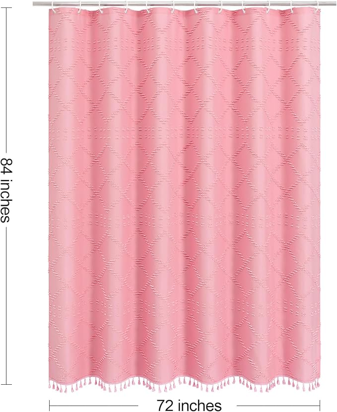 Pink Boho Woven Fabric Shower Curtain with Tassel 72 x 84, Tufted Textured | Modern Farmhouse Curtain for Bathroom, Extra Long Bathroom Curtain, Minimalist Decor, Waterproof