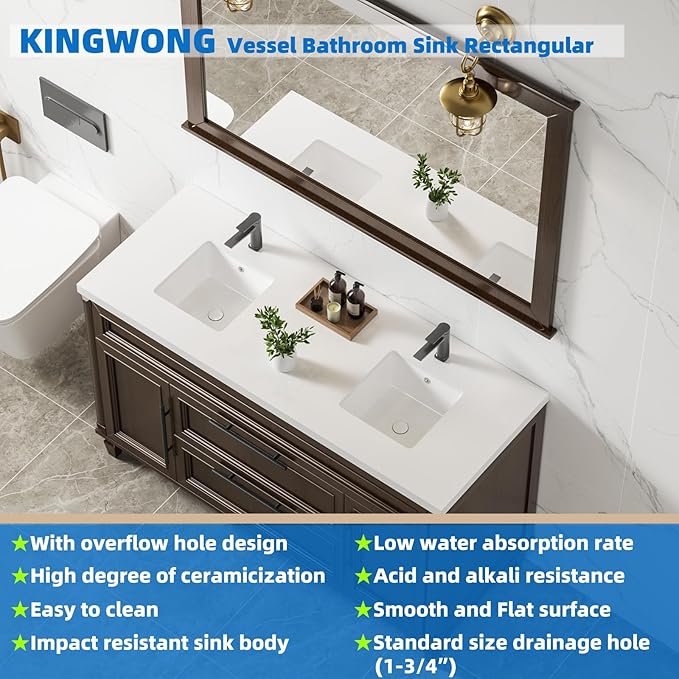 KINGWONG 14 Inch Small Square Undermount Bathroom Sink, 13.75" Ceramic White Porcelain Under Counter Basin for Vanity, Modern Rectangular Sink with Overflow Hole, Easy to Clean, Interior 11.5" x 11.5"