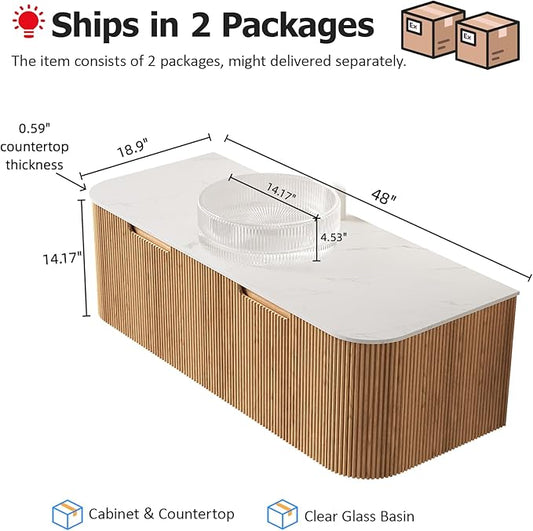 48" Floating Bathroom Vanity with Sink, Modern Wall-Mount Bathroom Cabinet with 2 Large Storage Drawers, Round Crystal Glass Basin and Marble Top, Soft-Close Design, Dark Walnut