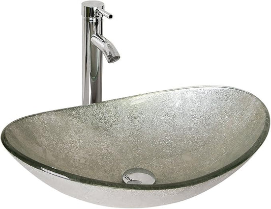 wonline Modern Bathroom Oval Glass Vessel Sink Bowl with Chrome Faucet and Pop-up Drain Combo