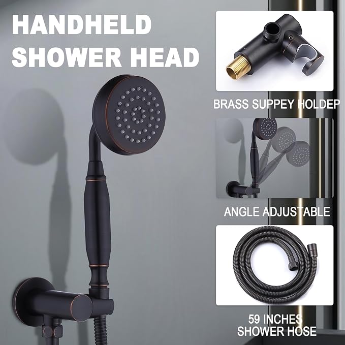 Enga Antique Shower Faucet Sets Dual Heads with Tub Spout 8" Ceiling & 6" Wall Mount Vintage Shower Head Handheld Spray Combo, 4 Way Diverter Brass Rough in with Trim Kit, Oil Rubbed Bronze