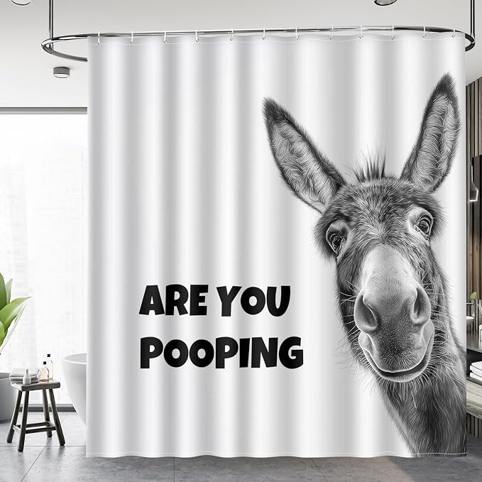 Aimego Funny Donkey are You Pooping Shower Curtain Novelty Hilarious Whimsical Rustic Farmhouse Black and White Bathroom Bath Decor Bathtub Curtain Fabric Shower Curtain Set with 12 Hooks, 72"x72"